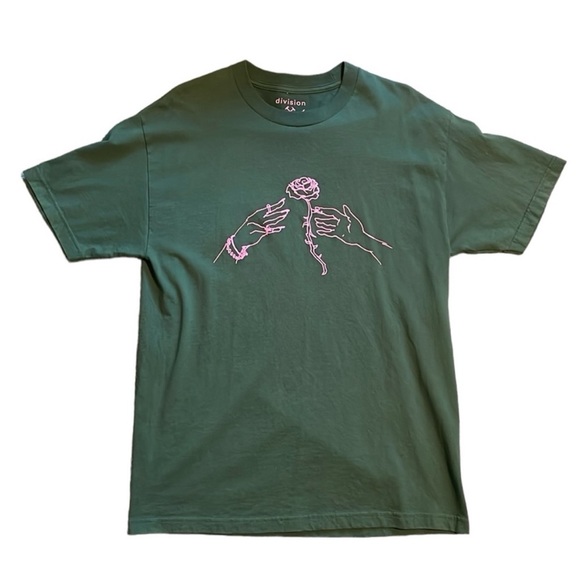 Division of Labor Men's Green and Pink Rose Tee - Picture 1 of 4